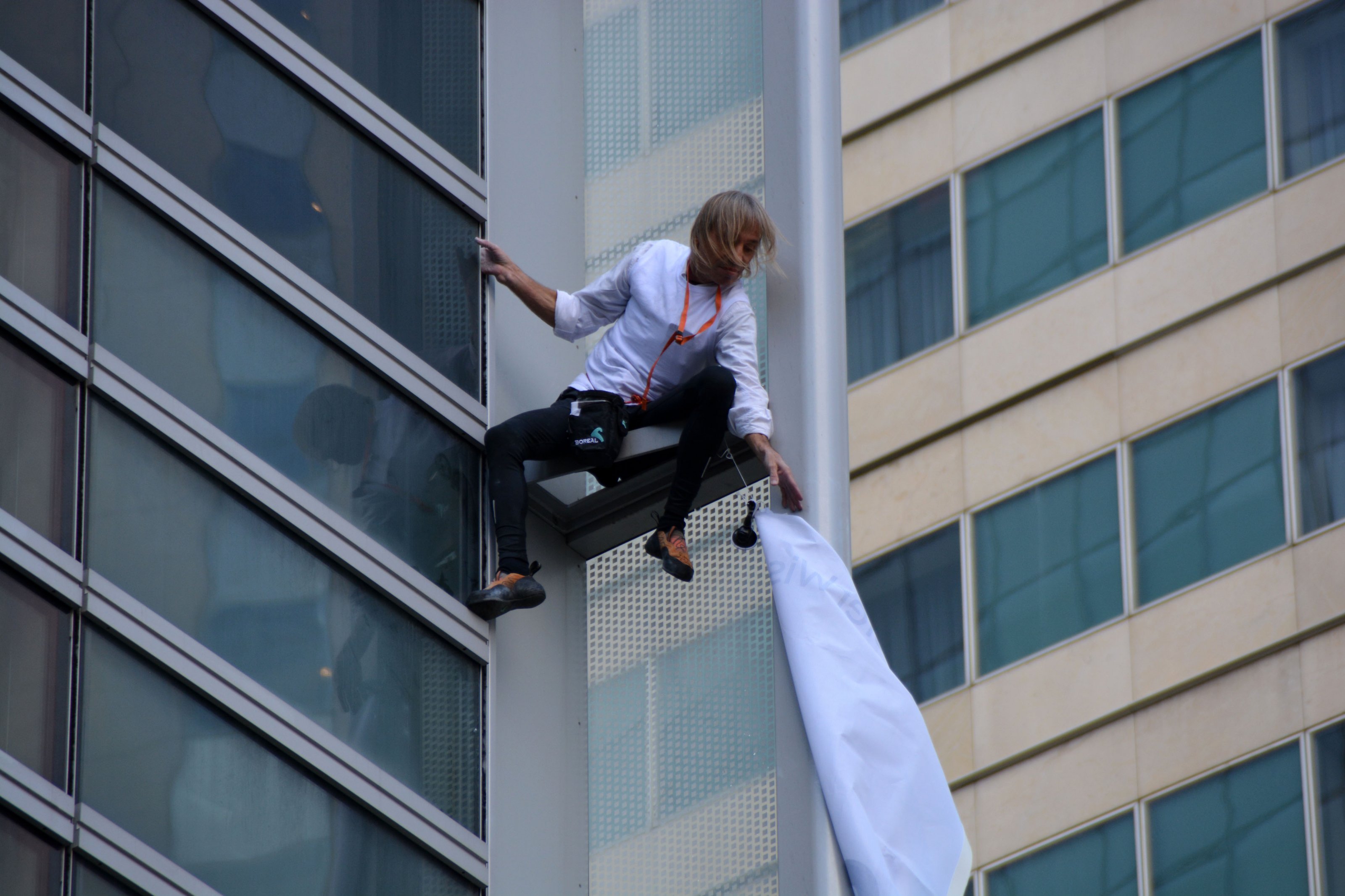 French urban climber Alain Robert nicknamed 'Spiderman' climbing French energy group Engie's building At La Defense business district in Nanterre suburb of Paris, France on September 23, 2015. Photo by Thierry Plessis/ABACAPRESS.COM